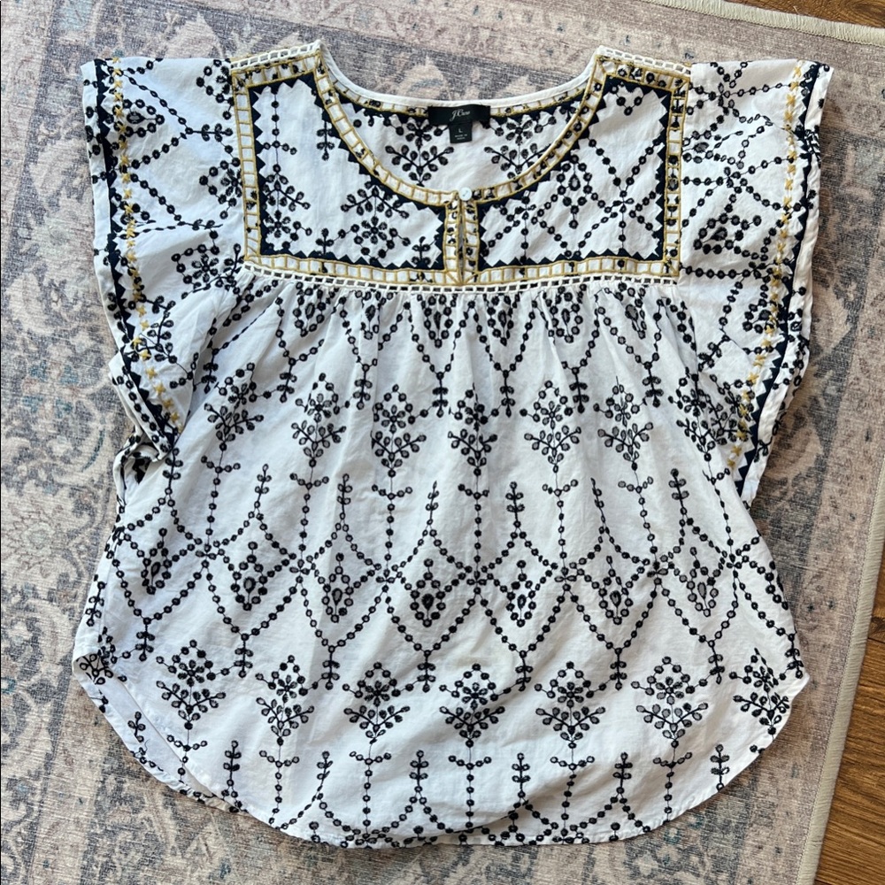 J.Crew Embroidered Navy and White Flutter Sleeve Women's Top